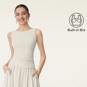 OGL Move Cream Sleeveless Built-In Bra Boatneck Top